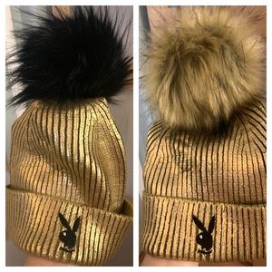 Metallic Gold Damiani NY Playboy PomPom Beanie, one size